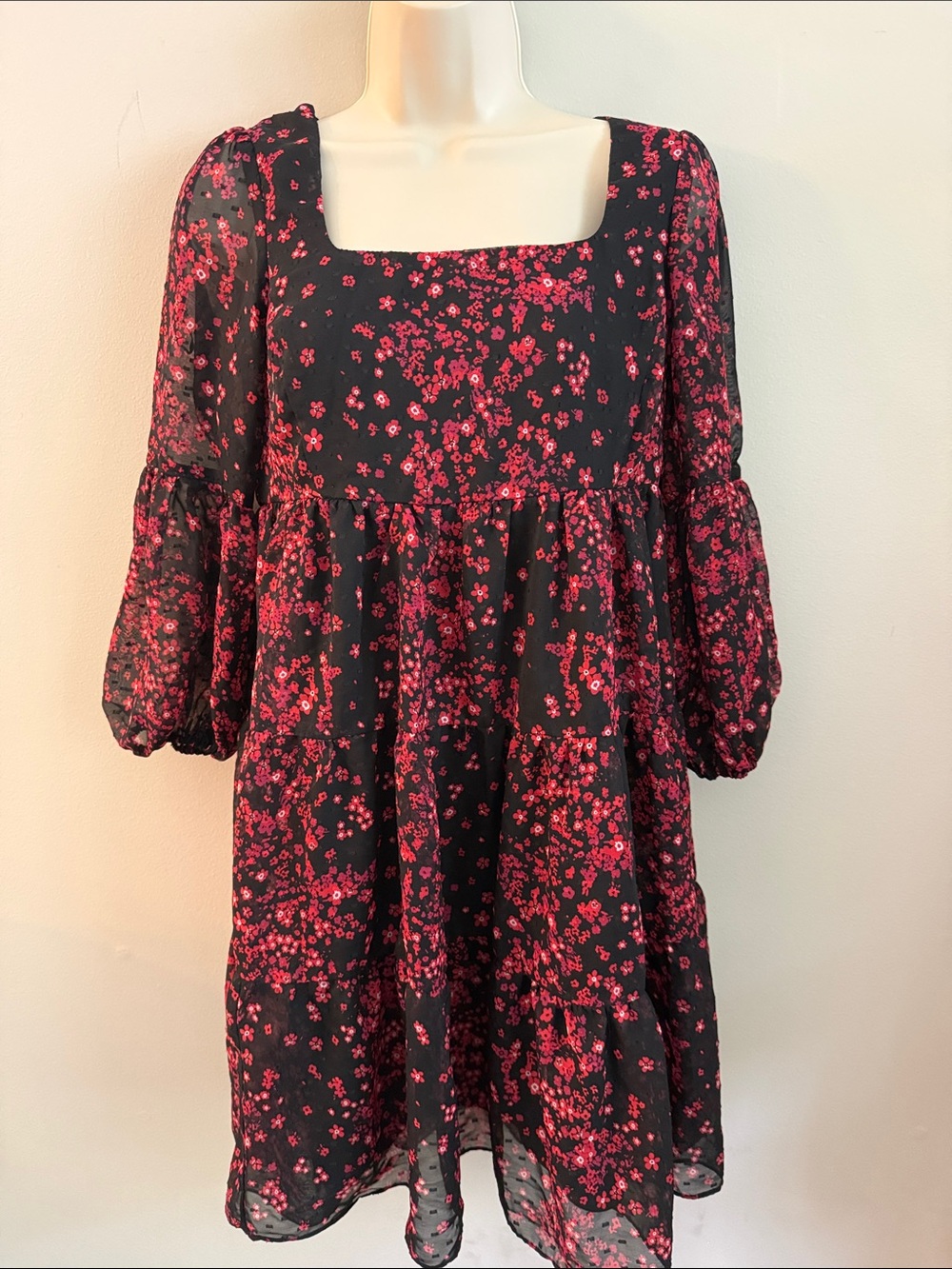 Maison Tara Black Mini Classic Babydoll Dress with Red Floral Print Size 4